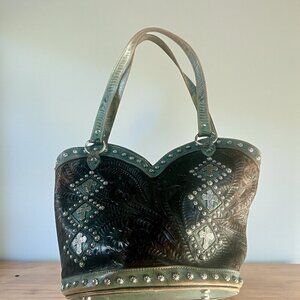 American West Vintage Satchel Bucket Tote Embossed Leather Silver Cross Detail